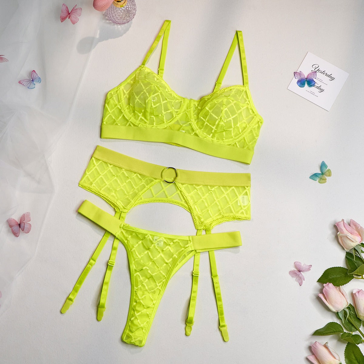 Seductive Delights Three-Piece Mesh Lingerie Set | ULZZANG BELLA