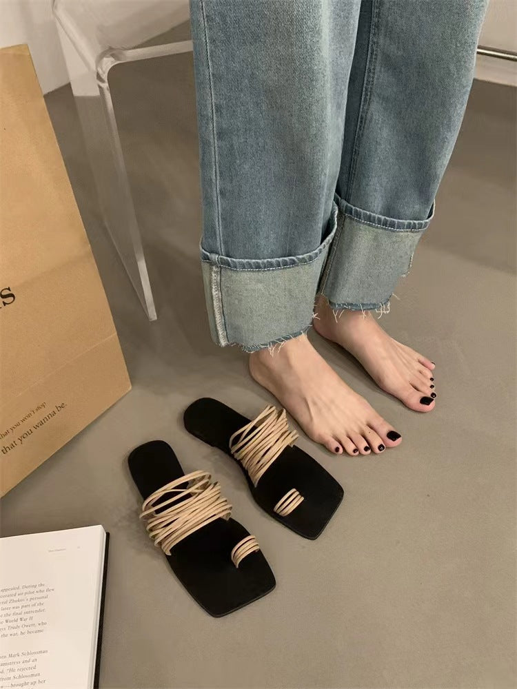 Elegant Soft Leather Square Toe Slippers for the Modern Goddess | ULZZANG BELLA