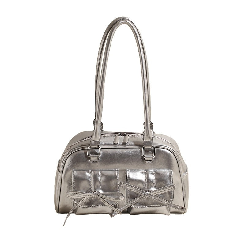 Elegant Baguette Shoulder Bag with Bow Accent | ULZZANG BELLA