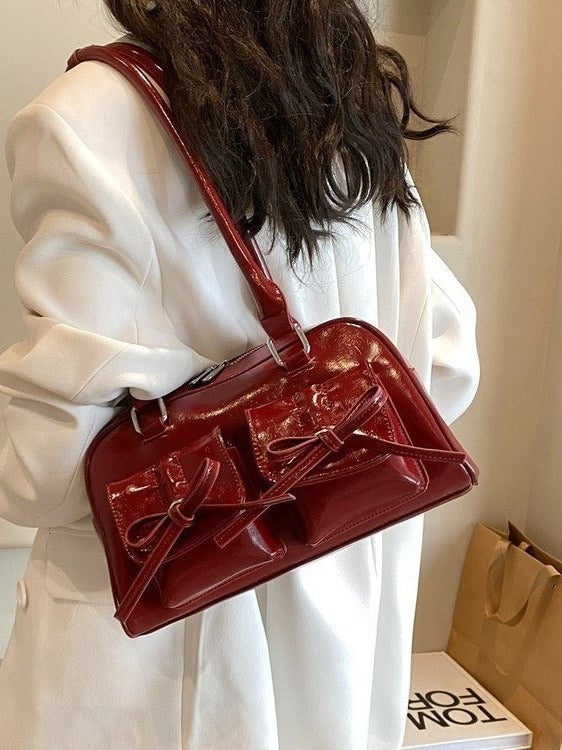 Elegant Baguette Shoulder Bag with Bow Accent | ULZZANG BELLA