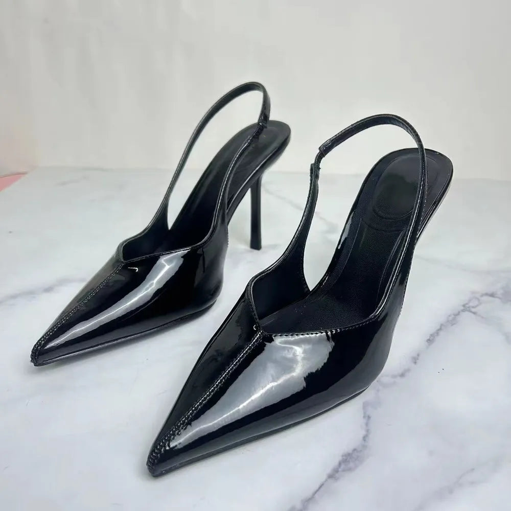 Luxe Slingback Point Toe Stiletto Pumps in Lacquer Leather | ULZZANG BELLA
