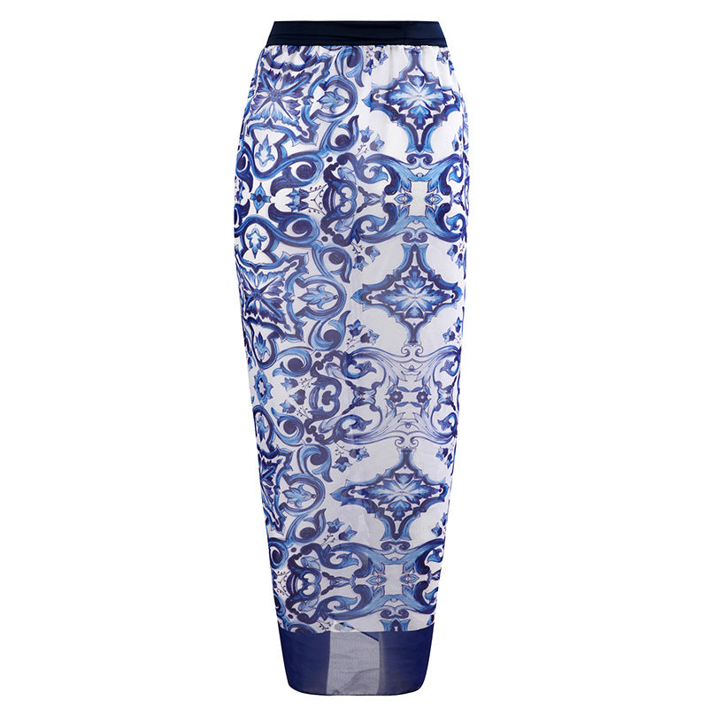 Elegant Printed Two-Piece Swimsuit with Skirt | ULZZANG BELLA