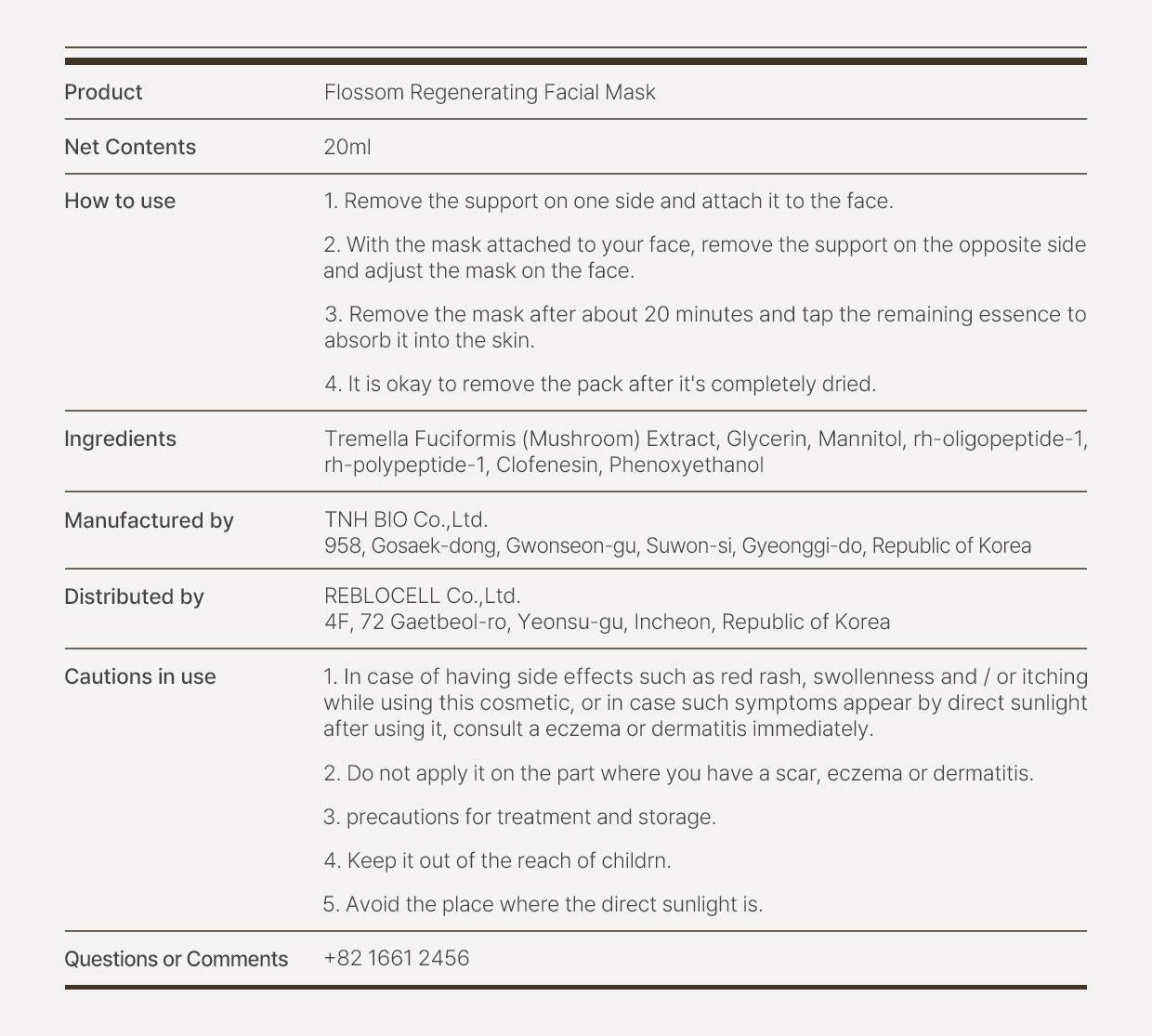 Flossom Regenerating Facial Mask EGF 1ppm 1 Sheet | Reblocell