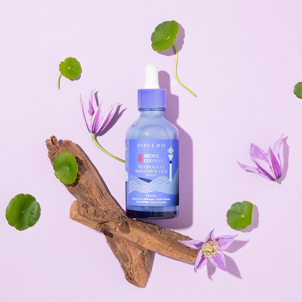 Experience the exquisite craftsmanship of Mary&May's Retinol 0.1% Bakuchiol Cica Serum, a luxurious South Korean formulation that enhances skin's elegance and vitality.