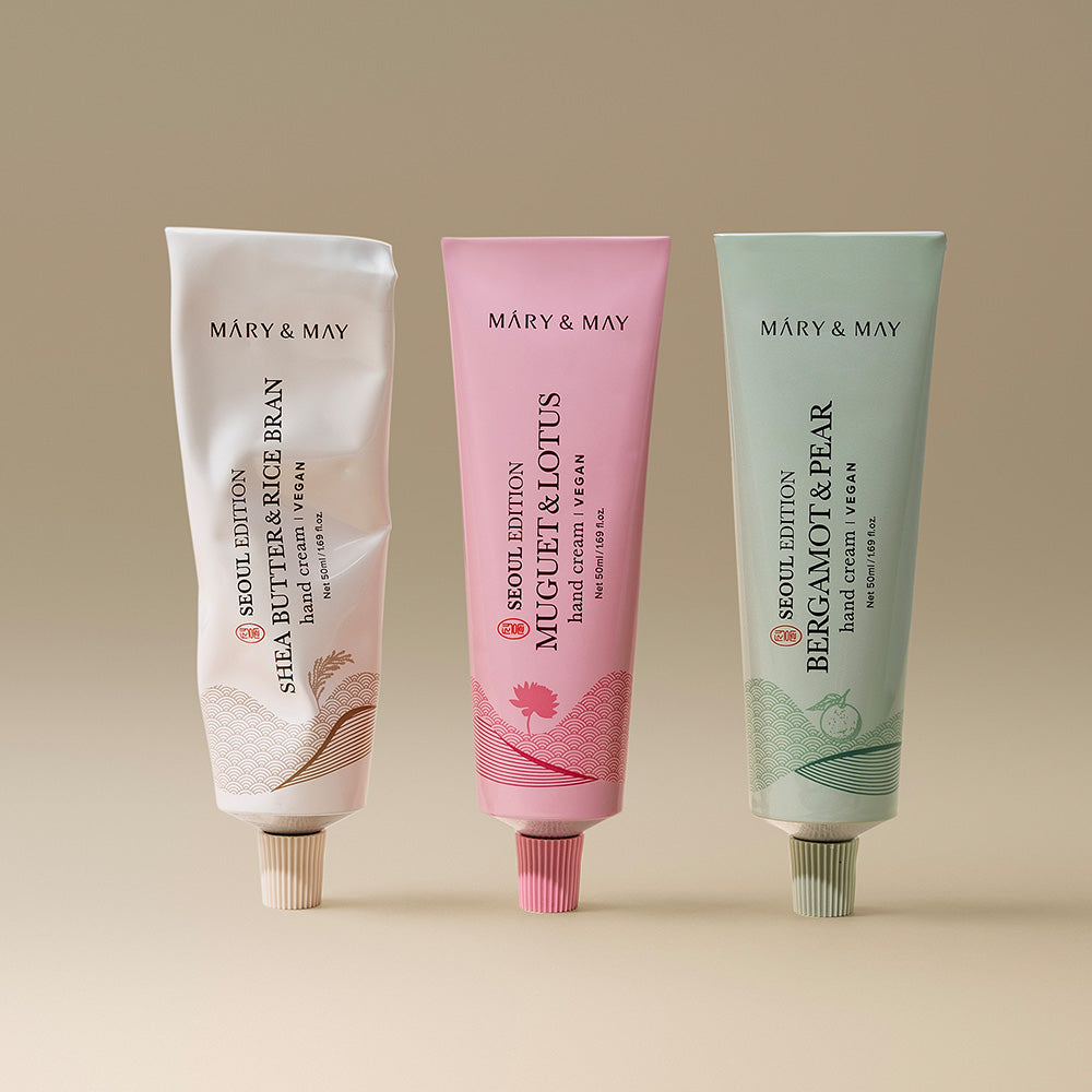 Indulge in the exquisite Mary&May Seoul Edition Hand Cream Trio Set, crafted in South Korea with luxurious ingredients for deep hydration and captivating scents.