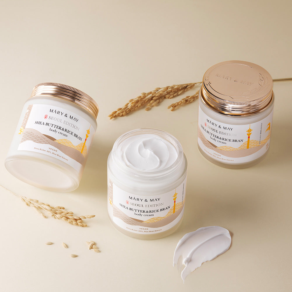 Indulge in the exquisite Mary&May Shea Butter & Rice Bran Body Cream, a South Korean formulation that nourishes and elevates your skincare ritual with luxurious hydration.