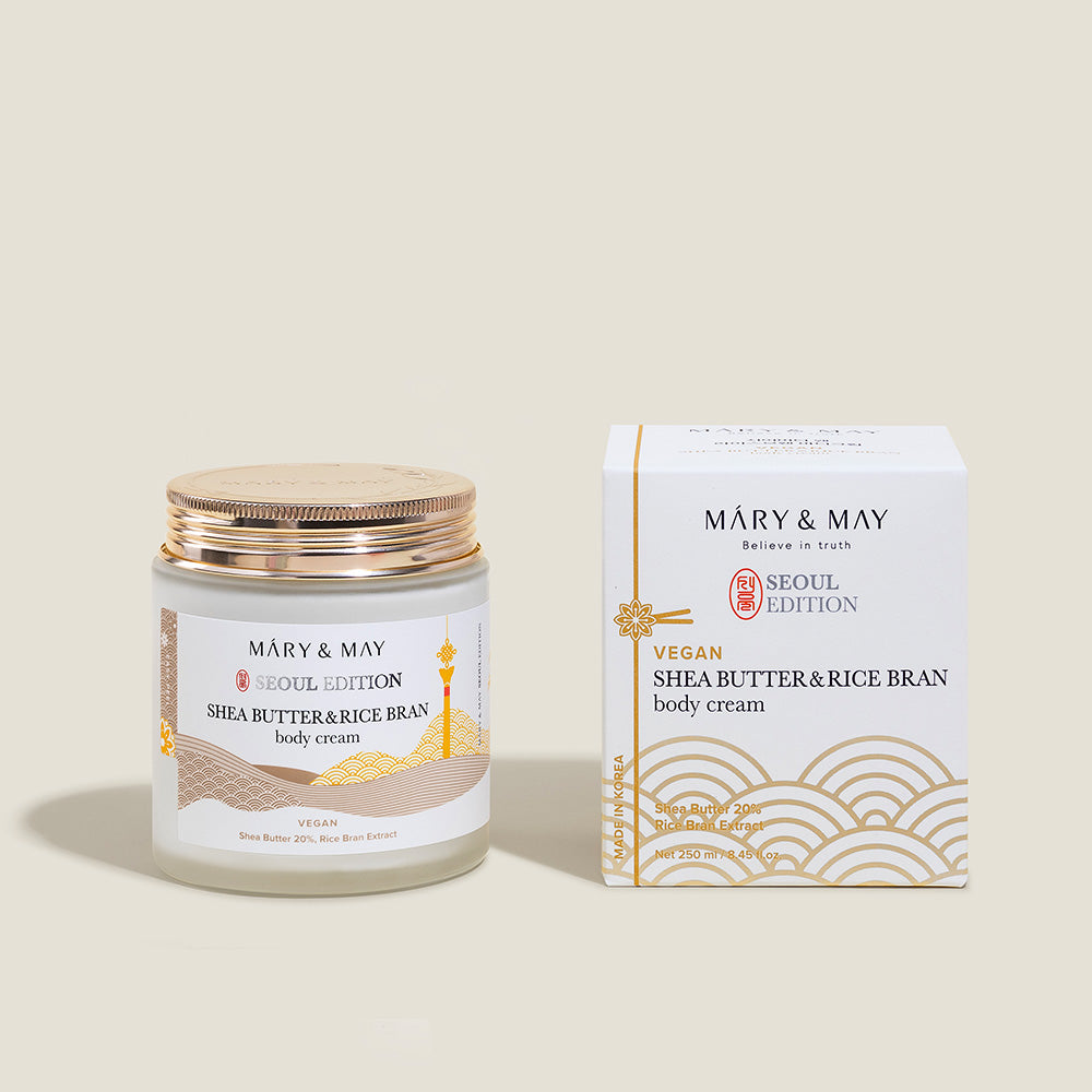 Indulge in the exquisite Mary&May Shea Butter & Rice Bran Body Cream, a South Korean formulation that nourishes and elevates your skincare ritual with luxurious hydration.