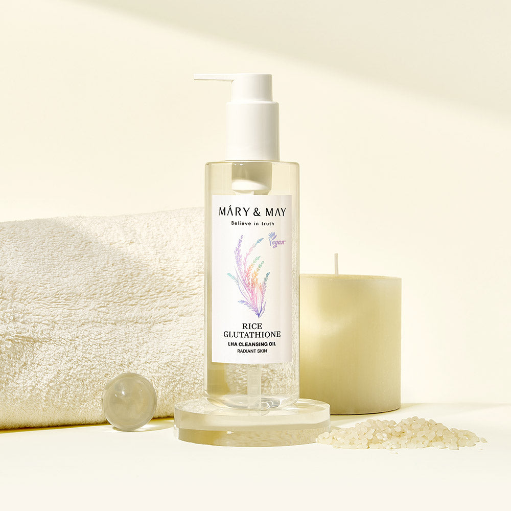Discover the luxurious Mary&May Rice Glutathione LHA Cleansing Oil, expertly crafted in South Korea to elevate your skincare routine with radiant clarity and elegance.