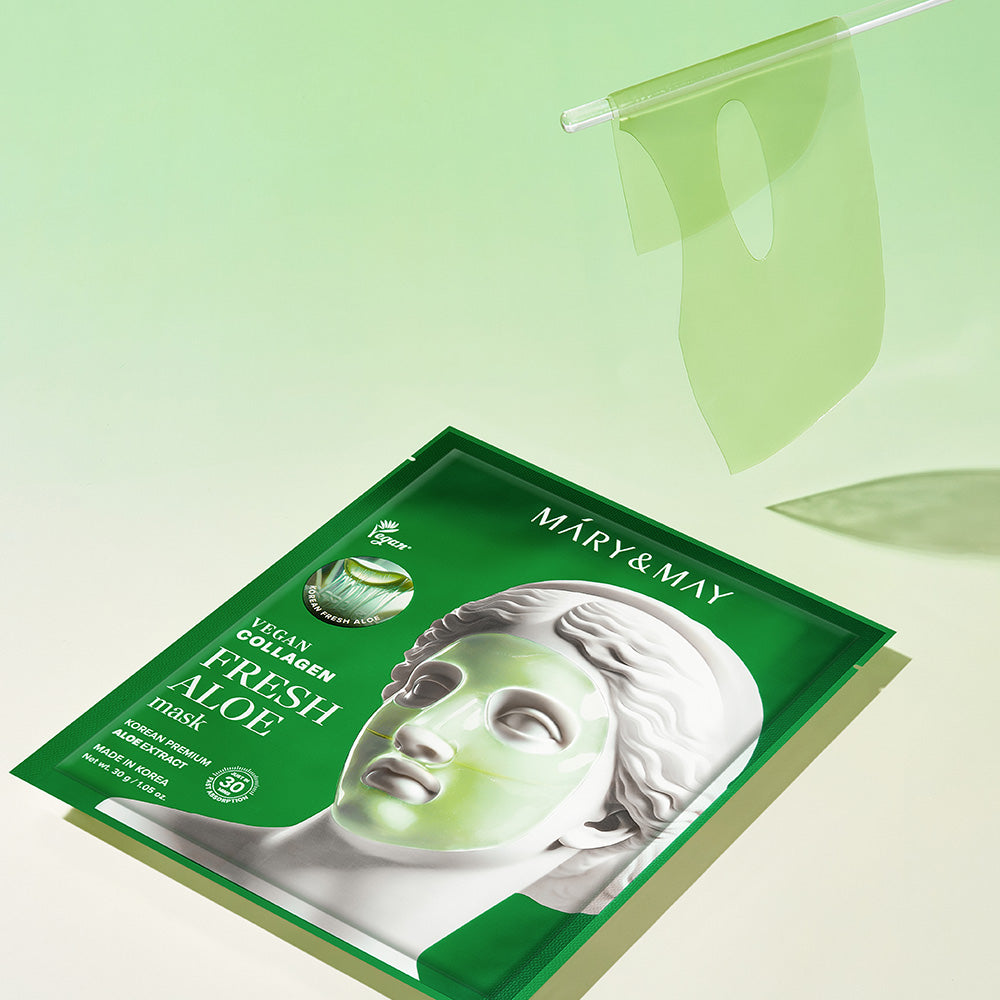 Indulge in the exquisite allure of Mary&May's Vegan Collagen Fresh Aloe Mask, crafted in South Korea to rejuvenate and elevate your skincare ritual with luxurious hydration.
