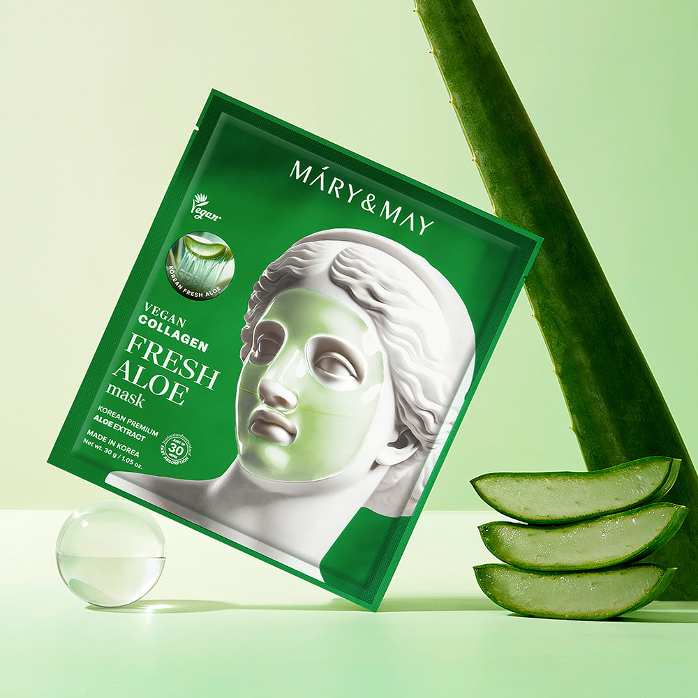 Indulge in the exquisite Mary&May Vegan Collagen Fresh Aloe Mask, crafted in South Korea with soothing aloe and vegan collagen for radiant, rejuvenated skin.