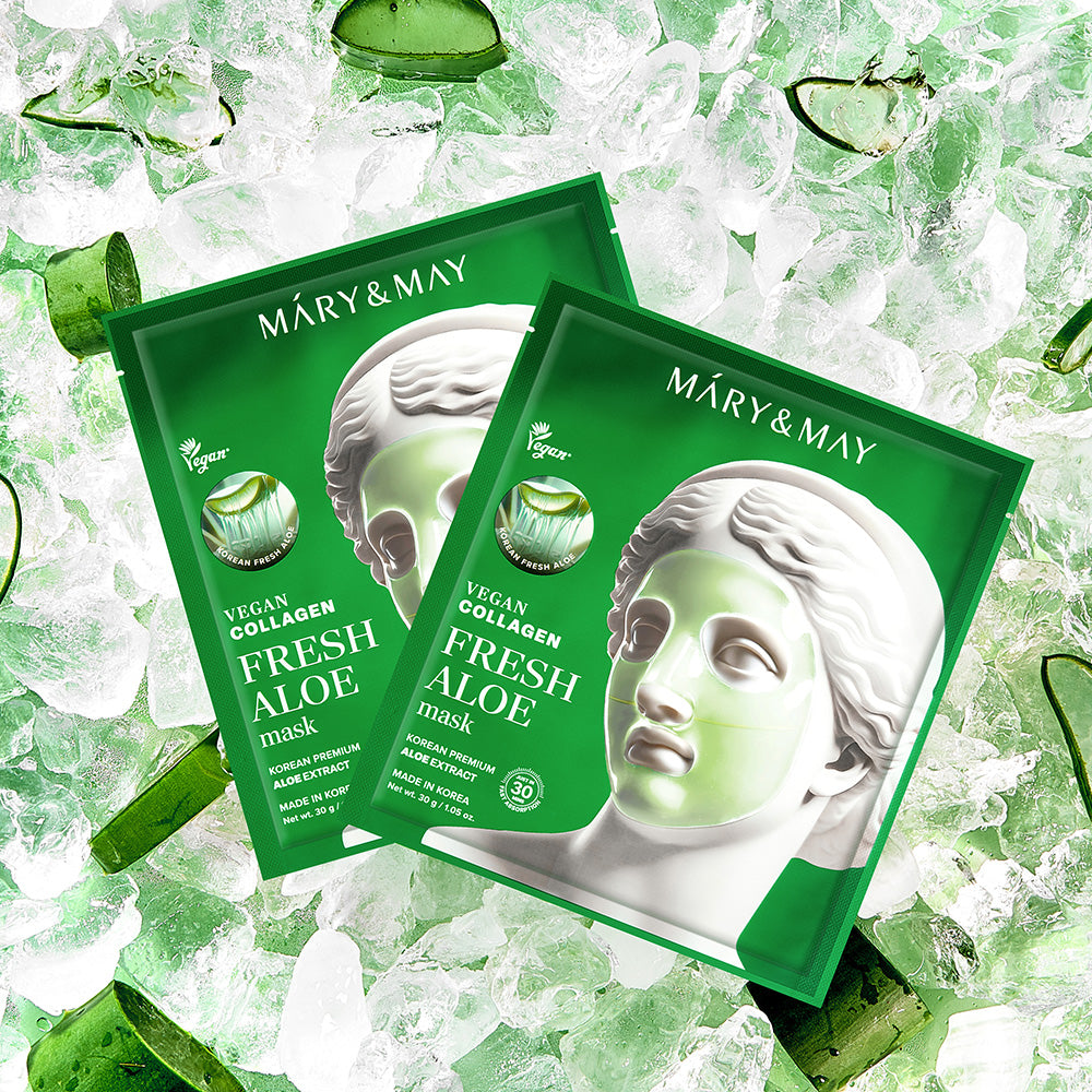 Elevate your skincare ritual with Mary&May's Vegan Collagen Fresh Aloe Mask, crafted in South Korea to deliver luxurious hydration and rejuvenation for radiant skin.