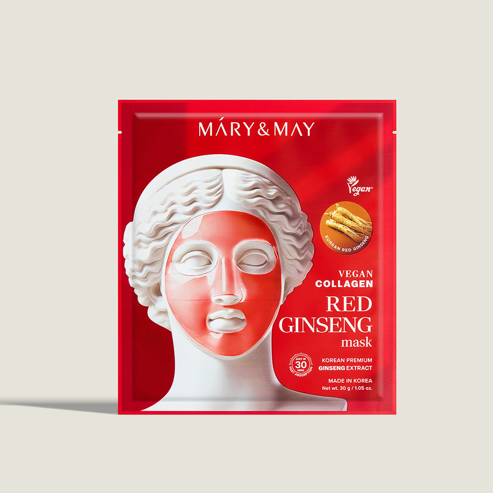 Indulge in the exquisite Mary&May Vegan Collagen Red Ginseng Mask, crafted in South Korea to rejuvenate your skin with luxurious vegan collagen and revitalizing ginseng extract.