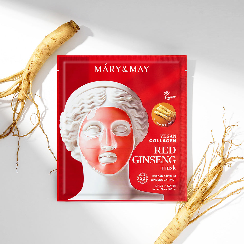 Discover the luxurious Mary&May Vegan Collagen Red Ginseng Mask, crafted in South Korea to rejuvenate and energize your skin with exquisite vegan collagen and revitalizing ginseng.