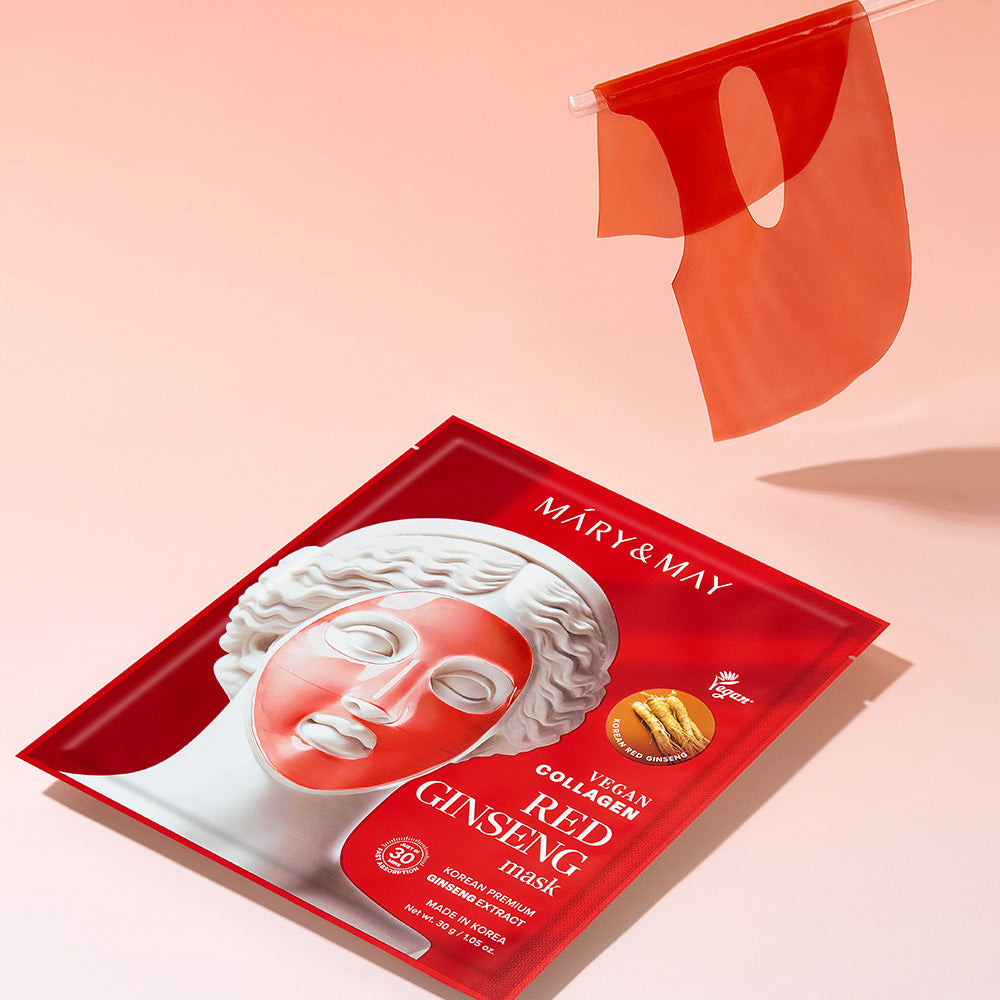 Indulge in the luxurious Mary&May Vegan Collagen Red Ginseng Mask, crafted in South Korea to revitalize your skin with premium vegan collagen and ginseng extract.