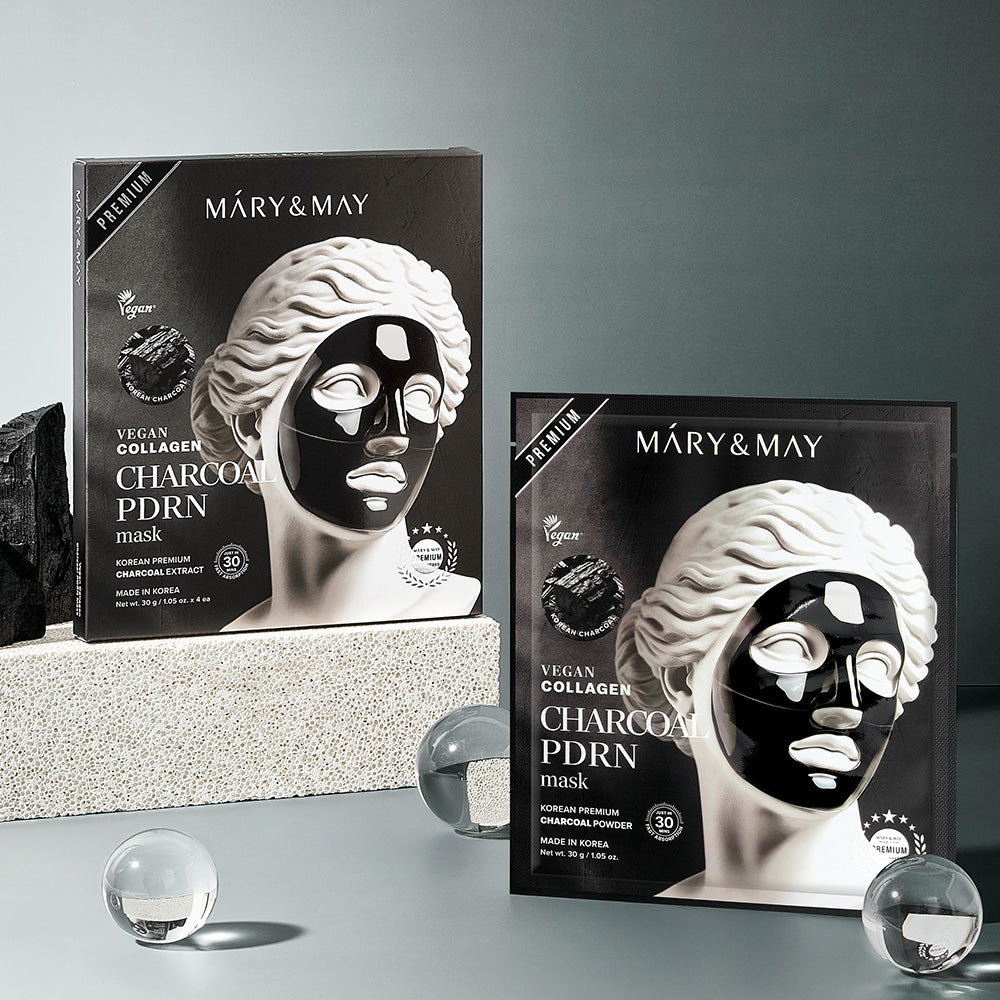 Indulge in the Mary&May Vegan Collagen Charcoal PDRN Mask, a luxurious hydrogel crafted in South Korea, designed to rejuvenate and illuminate your skin with premium ingredients.