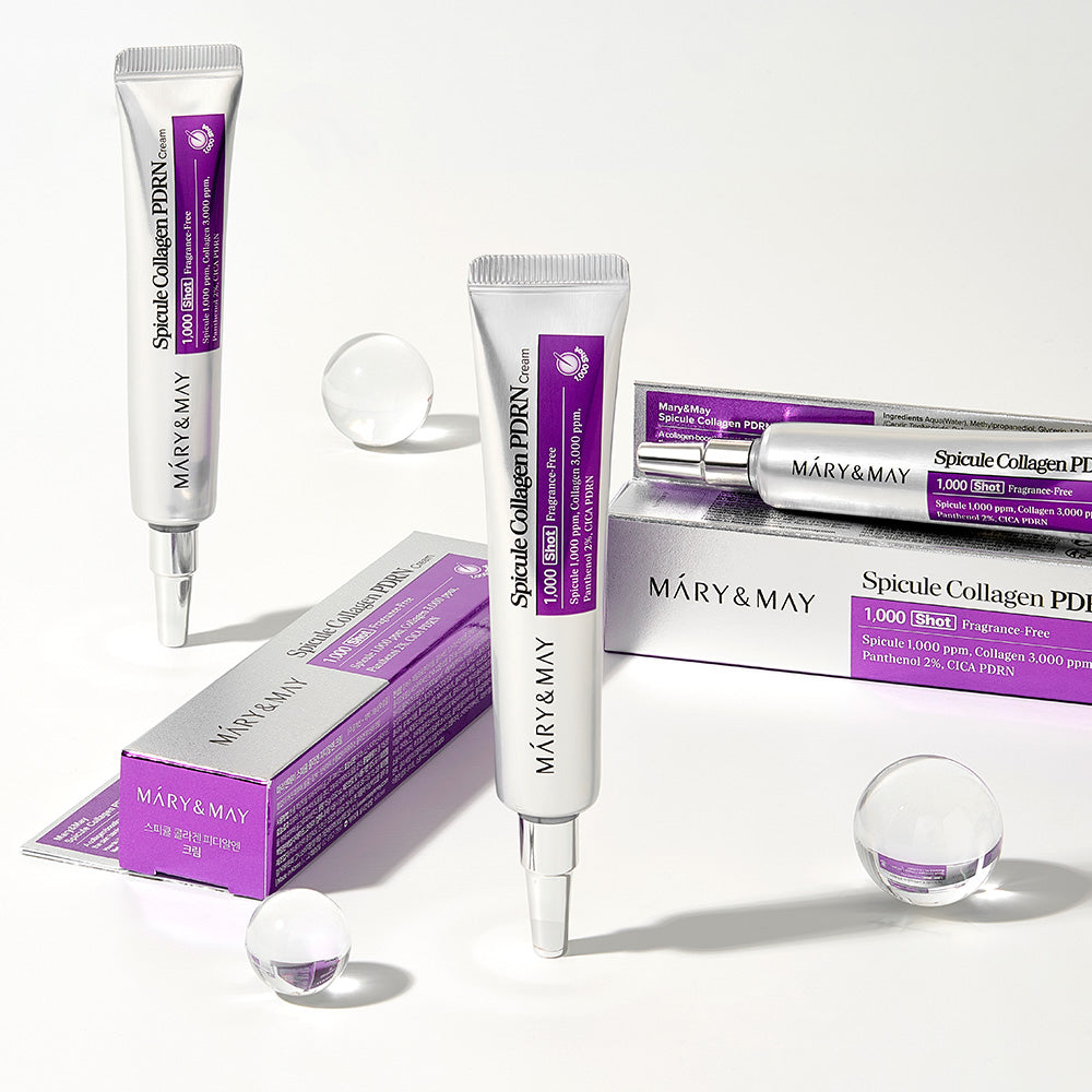 Discover the exquisite Mary&May Spicule Collagen PDRN Cream, crafted in South Korea with marine-derived ingredients for luxurious skin rejuvenation and elegance.
