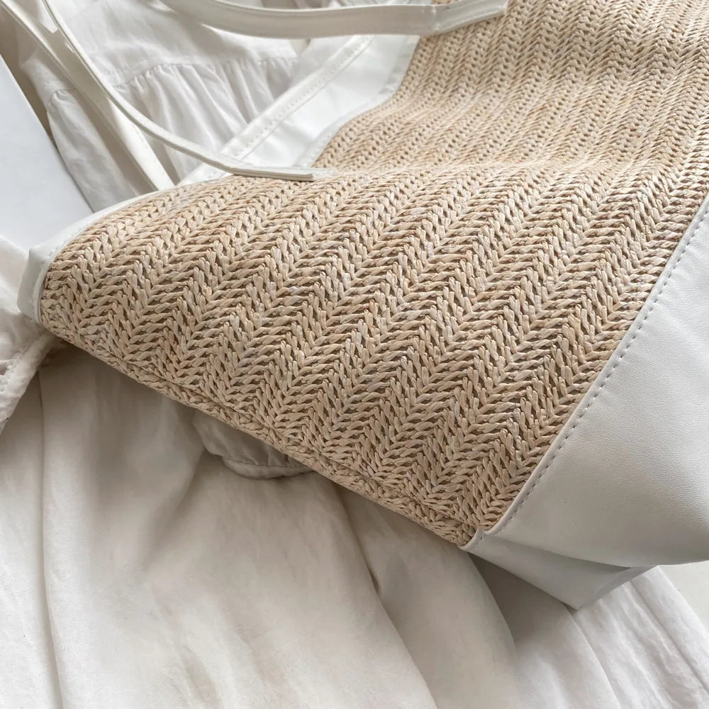 Elegant Straw Weave Leather Strap Tote Bag | ULZZANG BELLA