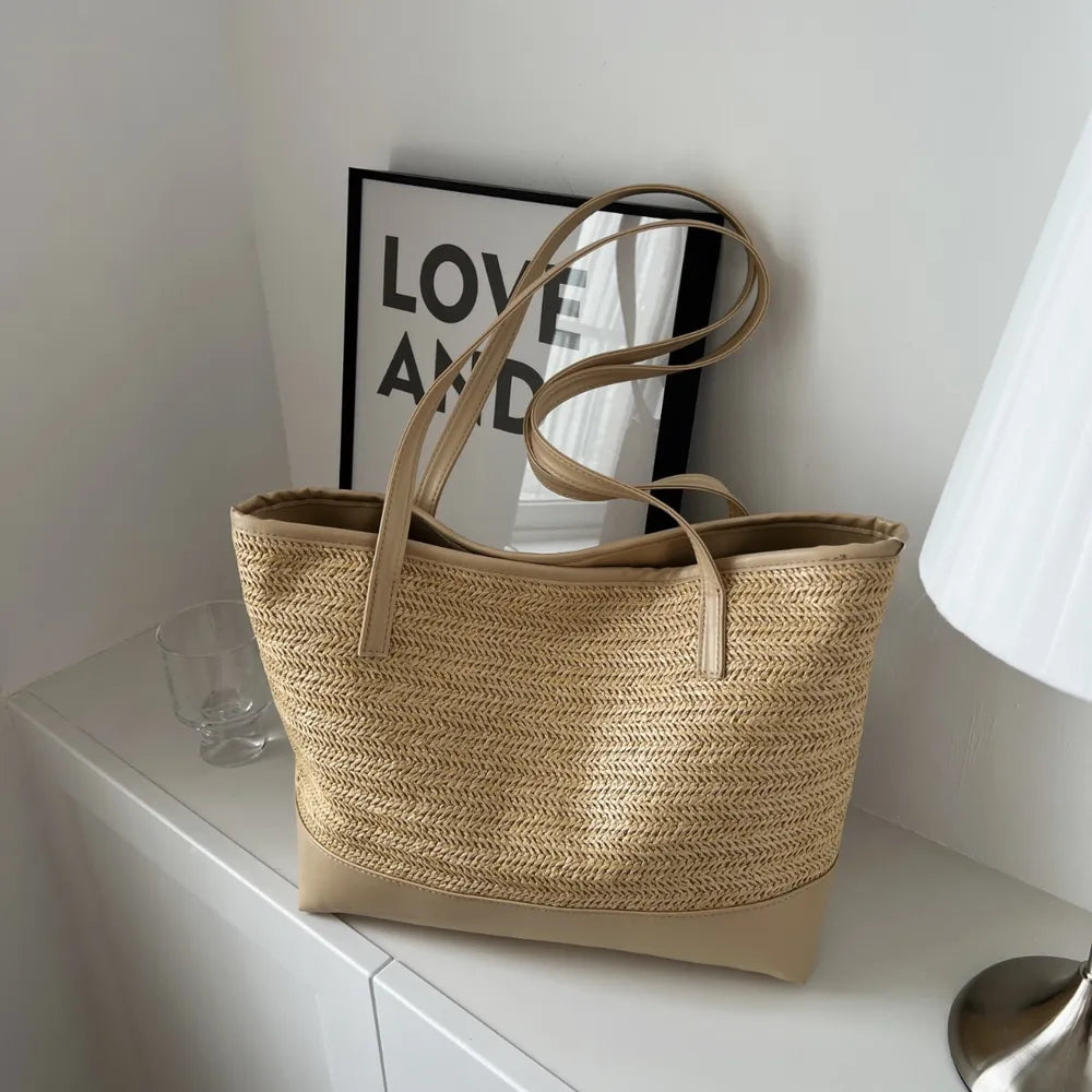 Elegant Straw Weave Leather Strap Tote Bag | ULZZANG BELLA