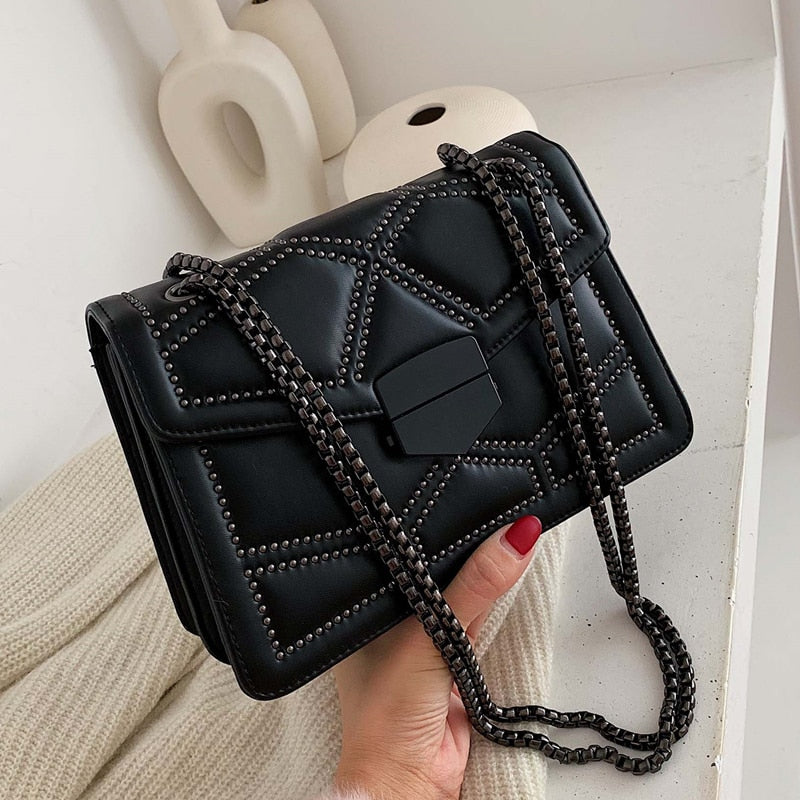 Rivet Chain Designer PU Leather Crossbody Bag | ULZZANG BELLA