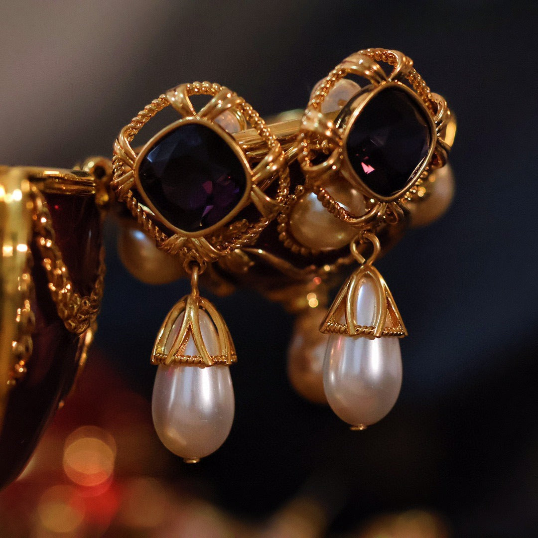 Elegant Amethyst & Pearl Drop Earrings with Long Necklace Set | ULZZANG BELLA