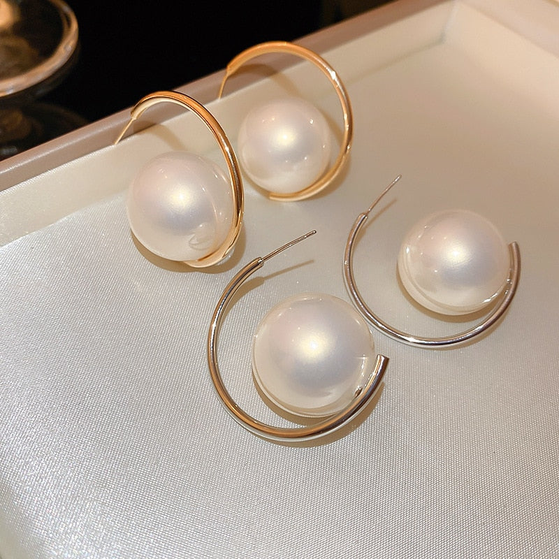 Korean Design Large Round Pearl Earrings for Women | ULZZANG BELLA