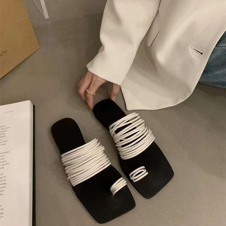 Elegant Soft Leather Square Toe Slippers for the Modern Goddess | ULZZANG BELLA