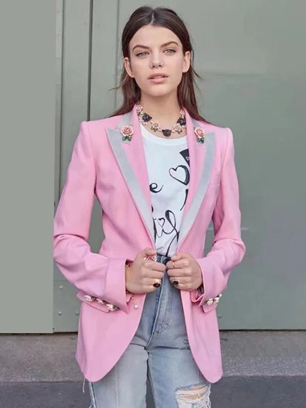 Designer Pink Floral Blazer Coat Jacket Women | ULZZANG BELLA