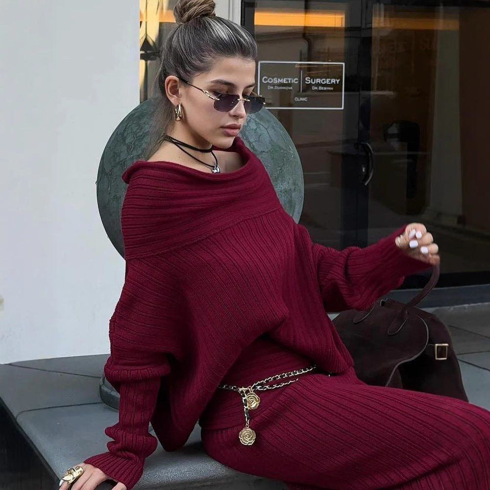 ULZZANG BELLA Off Shoulder Sweater Pullover & Long Skirt Set - Luxe Elegance
