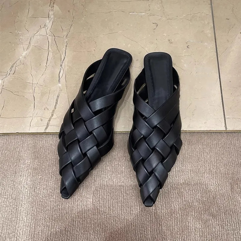 Chic Black Pointed Toe Microfiber Leather Mules | ULZZANG BELLA