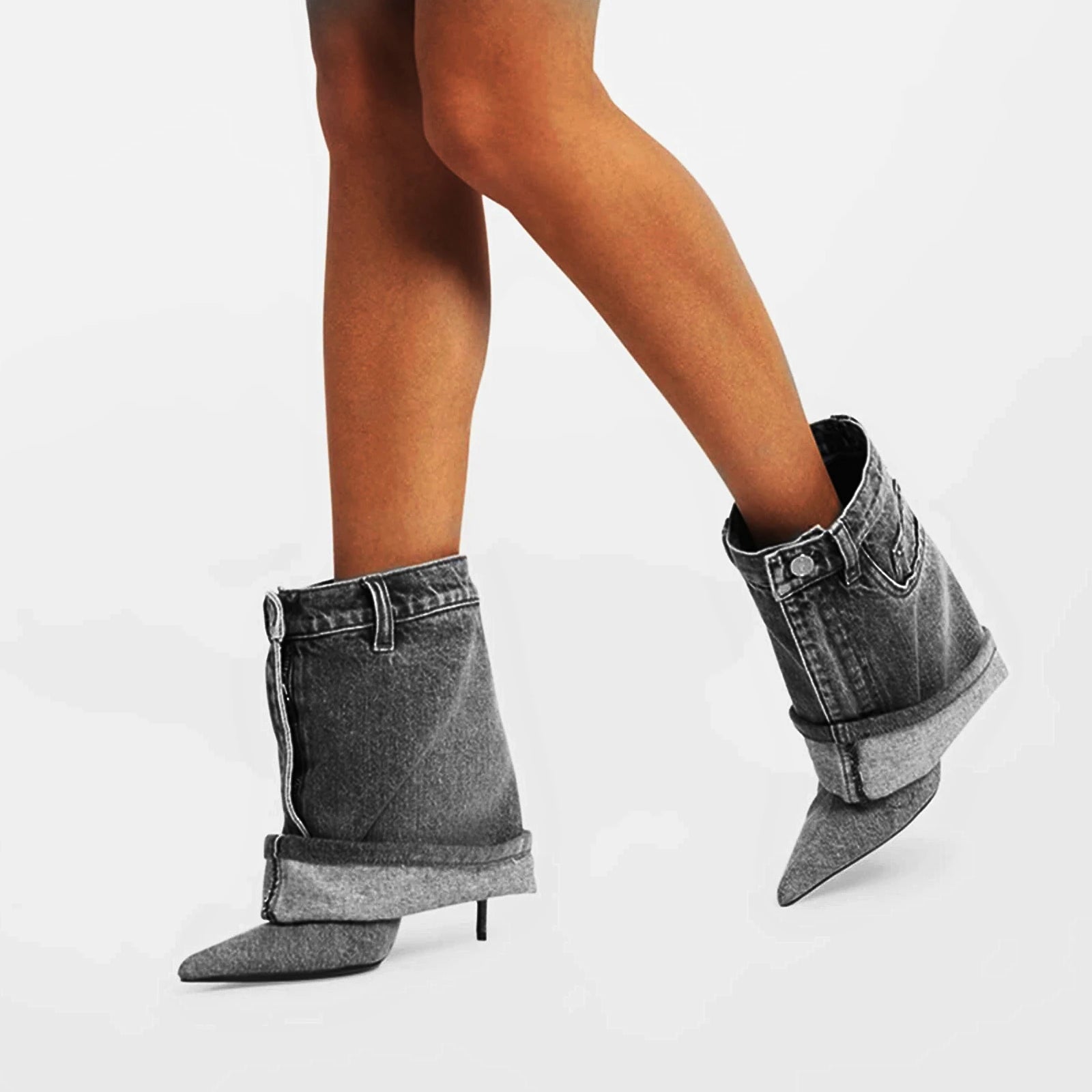 Elegant Pointed Toe High Heel Denim Cowboy Boots | ULZZANG BELLA