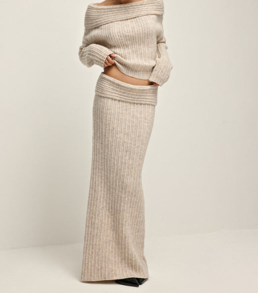 Elegant Off Shoulder Sweater Pullover and Long Skirt Set | ULZZANG BELLA
