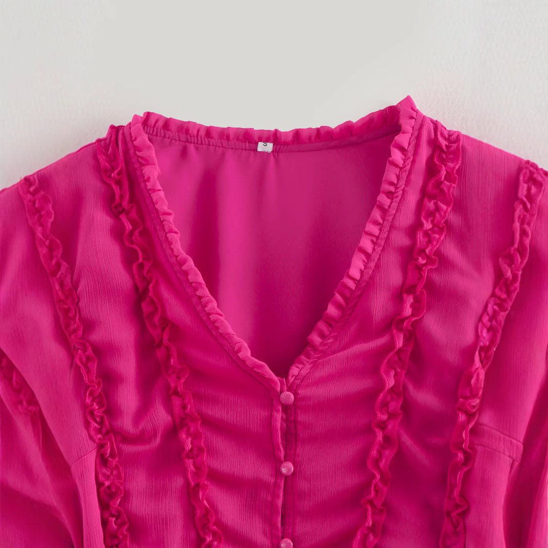 Vibrant Rose Red V-Neck Chiffon Ruffle Edge Dress with Belt | ULZZANG BELLA