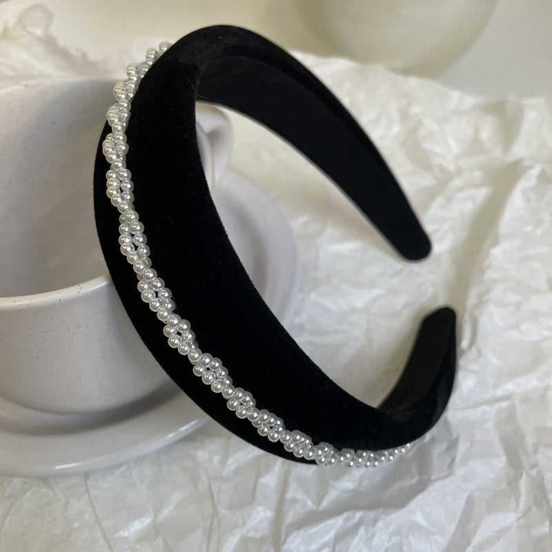 High Quality French Retro Black Velvet Pearl Twist Braid Hairpin Headband Net Red New High-Skull Headband Hair Accessories