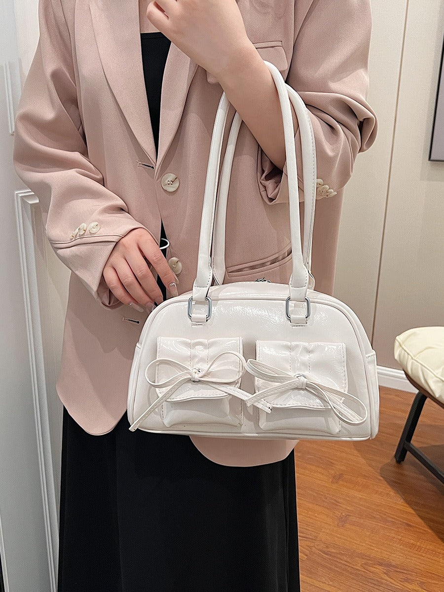 Elegant Baguette Shoulder Bag with Bow Accent | ULZZANG BELLA