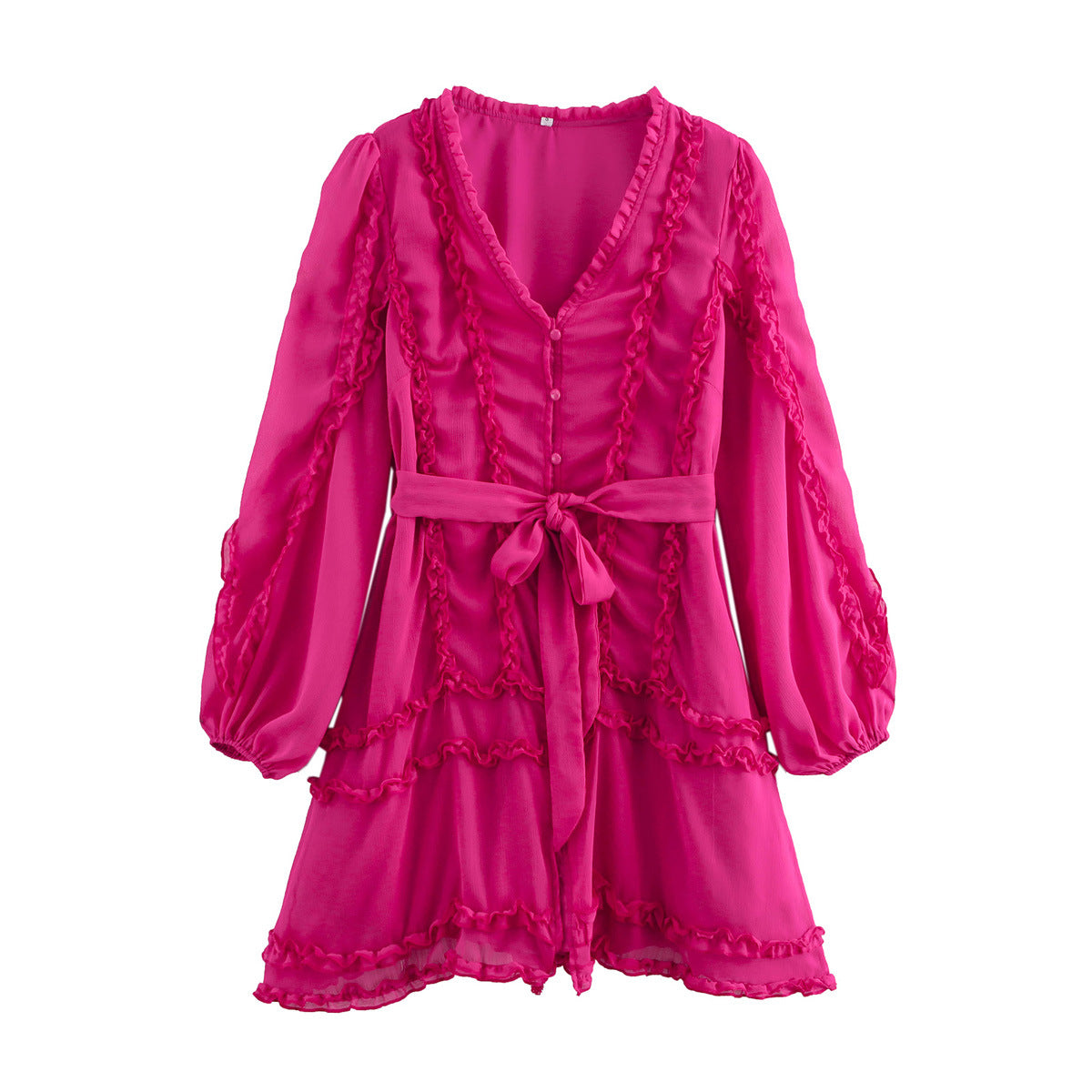 Vibrant Rose Red V-Neck Chiffon Ruffle Edge Dress with Belt | ULZZANG BELLA