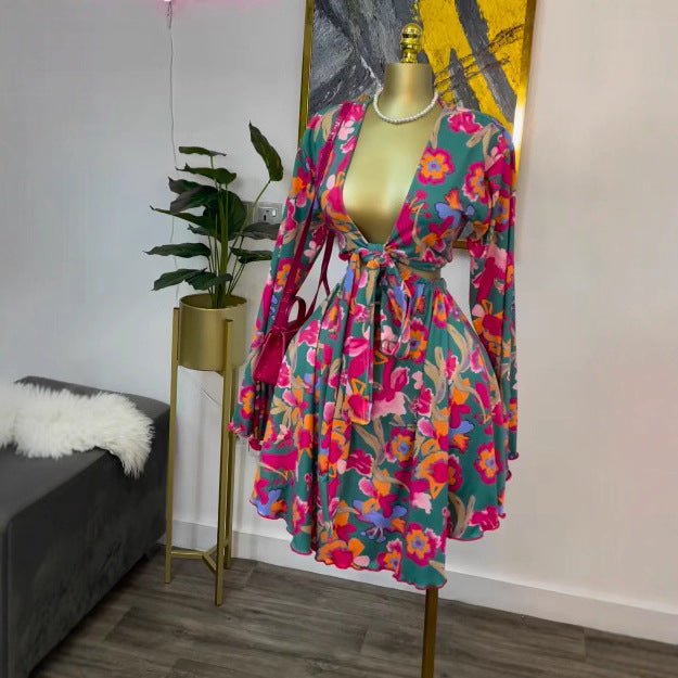 ULZZANG BELLA Floral V-Neck Tie-Up Mini Dress, Timeless Elegance