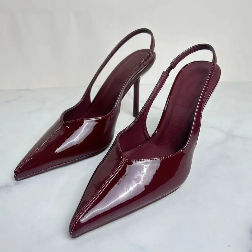 Luxe Slingback Point Toe Stiletto Pumps in Lacquer Leather | ULZZANG BELLA