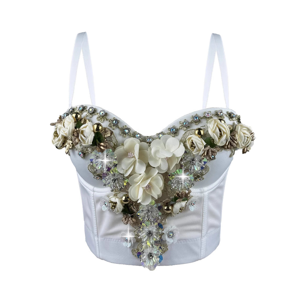Chic Rhinestone Floral Corset Top with Detachable Straps | ULZZANG BELLA