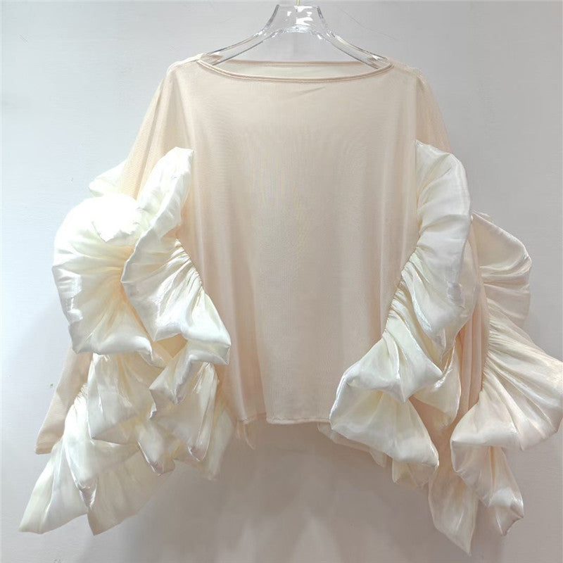 Ruffled Long Sleeve Mesh Top with Irregular Hem | ULZZANG BELLA