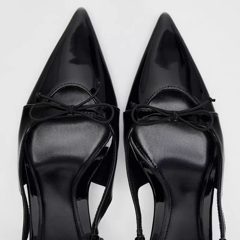Elegant Black Patent Leather Bow Sandals with Shallow Strap | ULZZANG BELLA