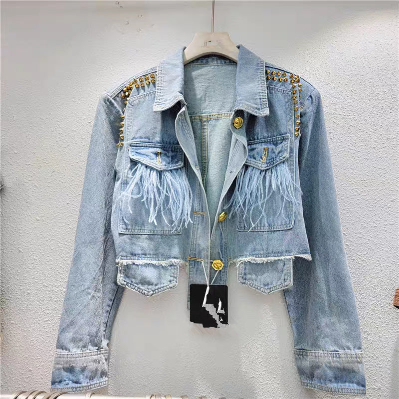 ULZZANG BELLA Luxe Denim Rivet Jacket - Timeless Elegance