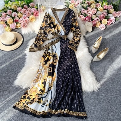 Elegant Retro French V-neck Chiffon A-Line Dress for Office Ladies | ULZZANG BELLA