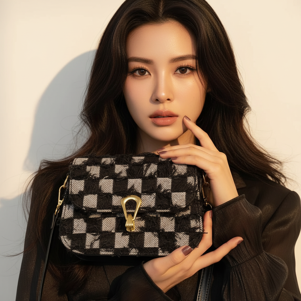 ULZZANG BELLA Checkered Denim Crossbody Bag, Handcrafted Luxury