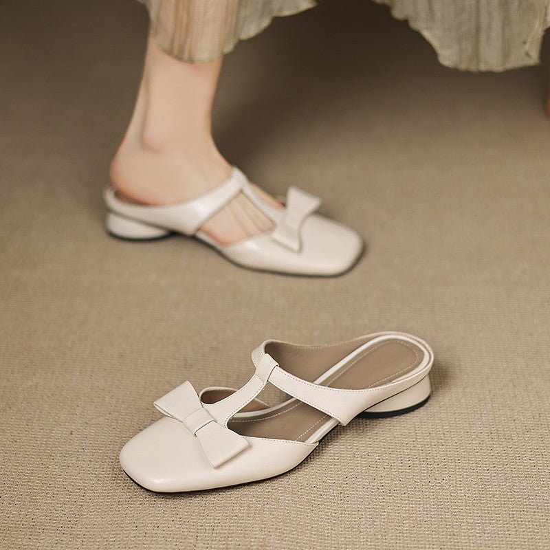 French T-Strap Bowknot Open-Toe Half Slippers | ULZZANG BELLA