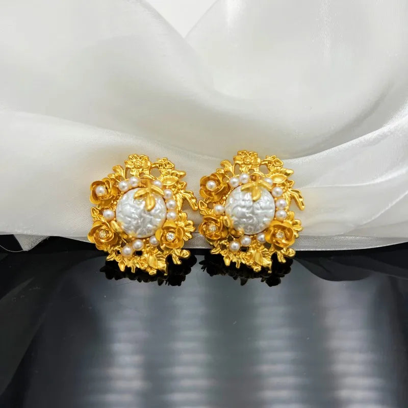French Vintage Gold Plated Flower Pearl Stud Earrings | ULZZANG BELLA