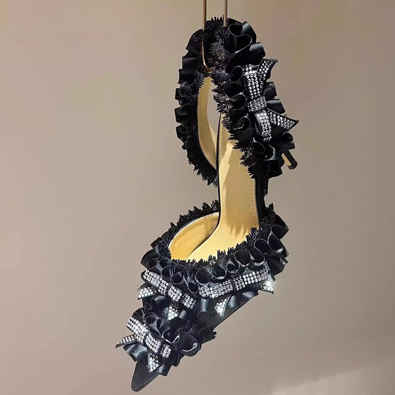 ULZZANG BELLA Rhinestone Bow Satin High Heel Sandals - Luxe Elegance