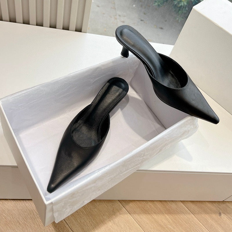 Elegant Pointed Toe Leather Mid-Heel Mules in Classic Shades | ULZZANG BELLA