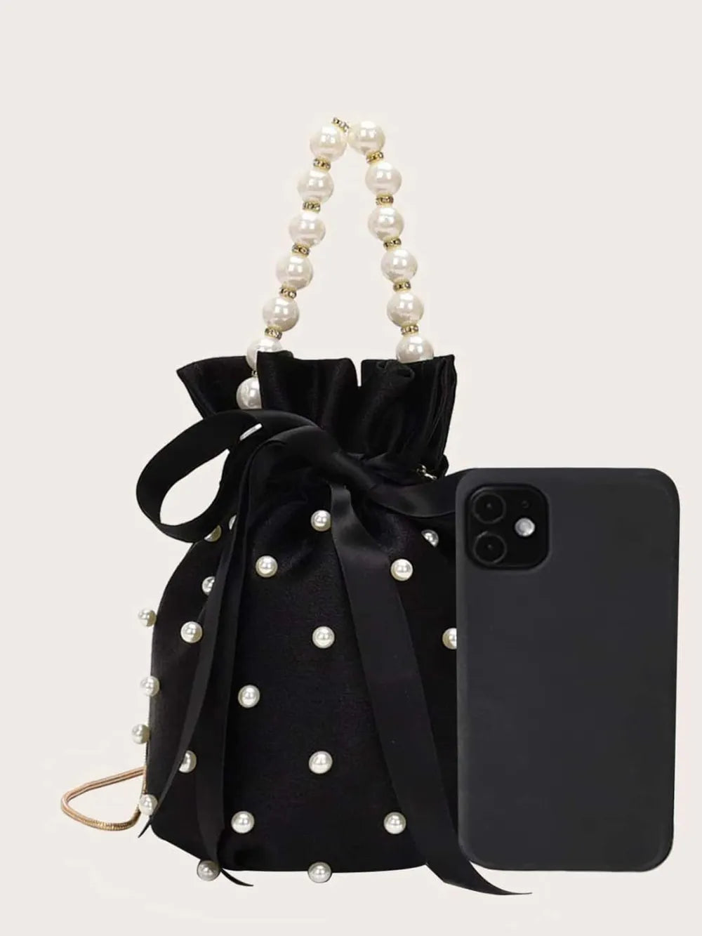 Elegant Pearl Detail Solid Color Bucket Bag | ULZZANG BELLA