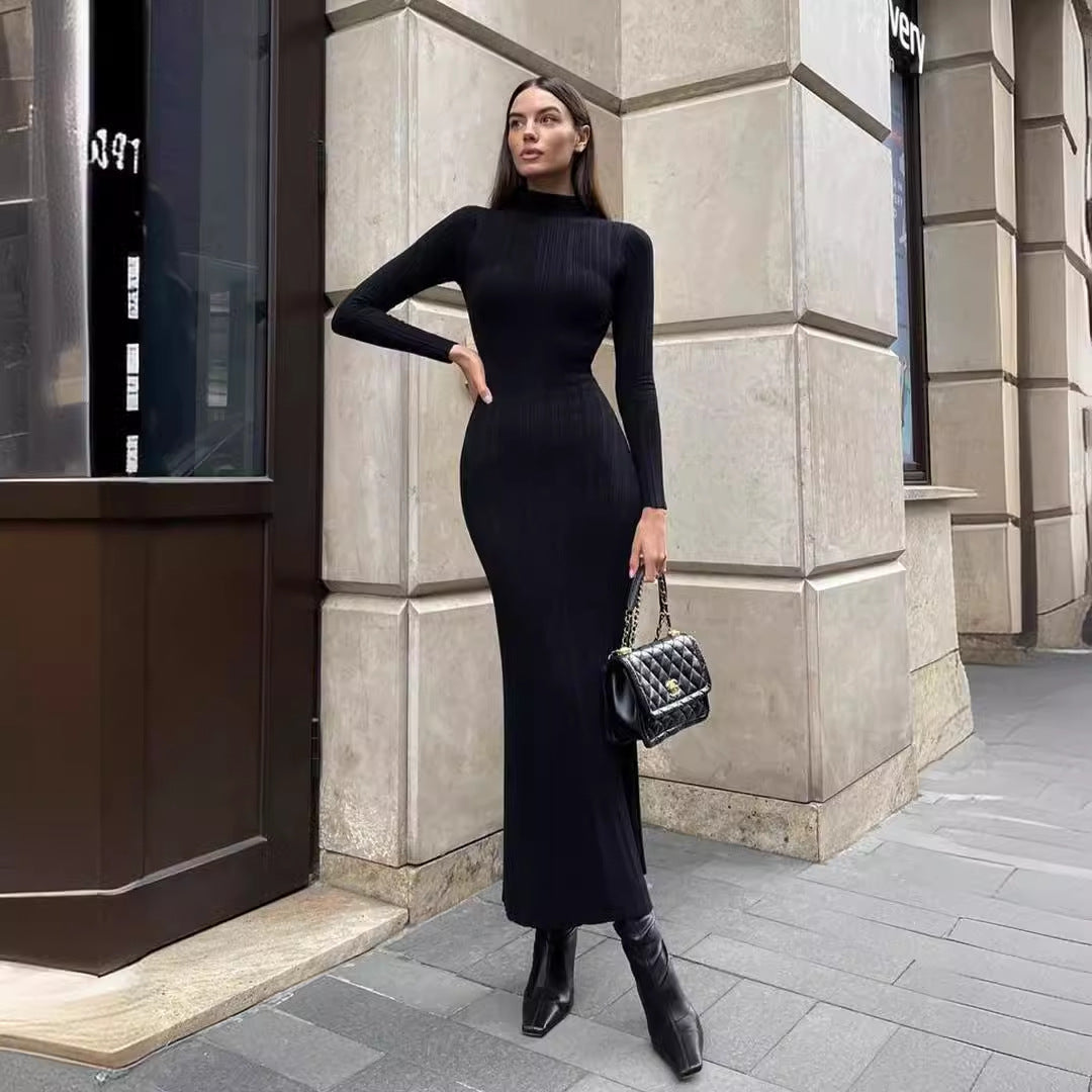 Elegant Striped Sweater Dress with High Neck | ULZZANG BELLA