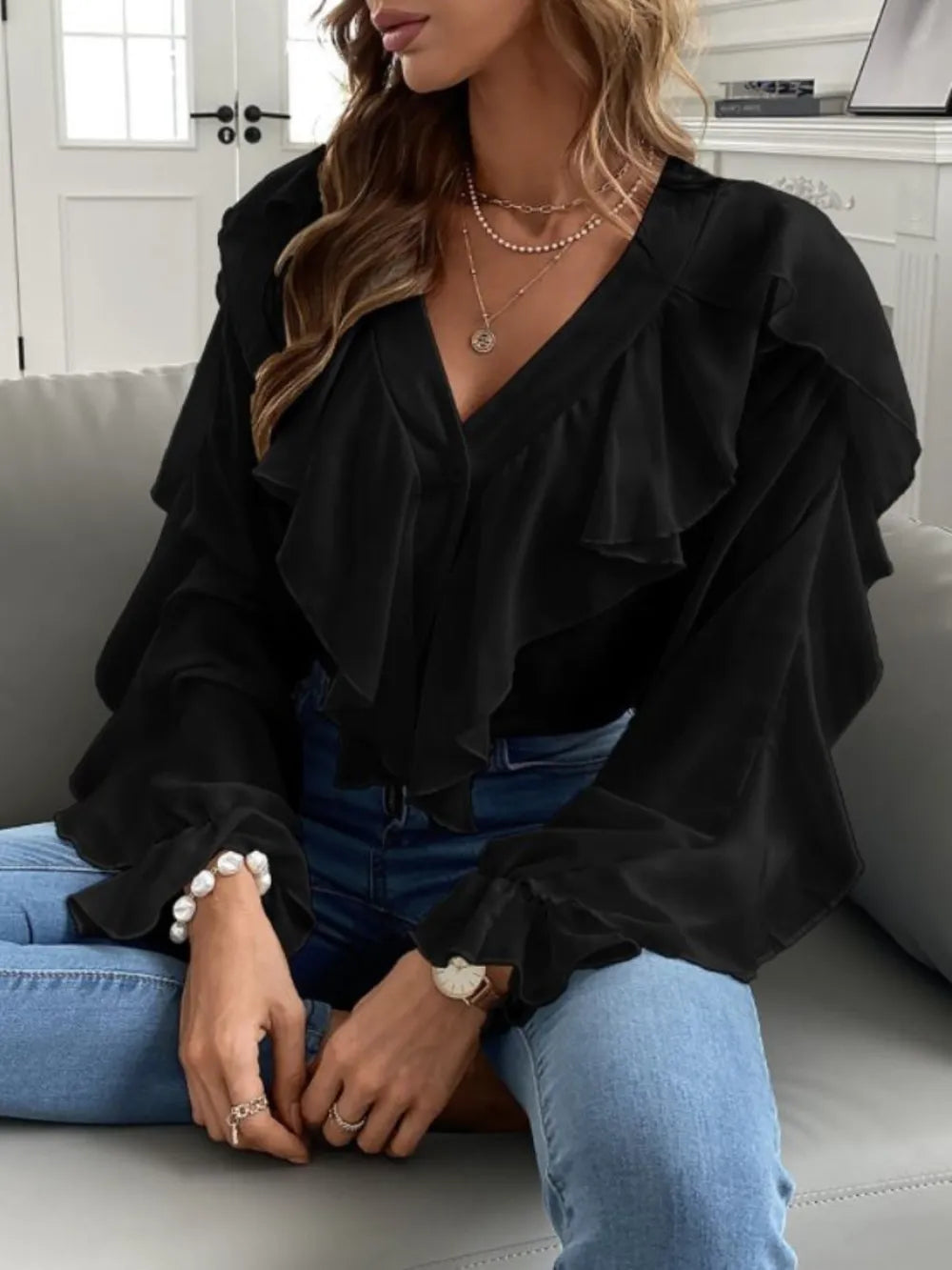 Elegant Ruffled V-Neck Blouse with Flounce Sleeves | ULZZANG BELLA
